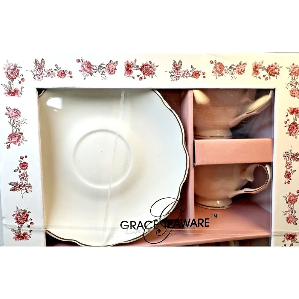 Grace Teaware Fine Porcelain 7-Piece Tea Time Gift Set Teapot Cups Saucers New